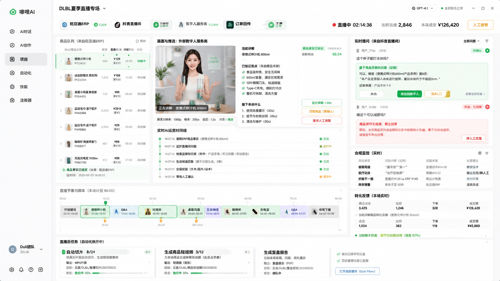 嘟哩 AI 电商直播专场工作台示意
